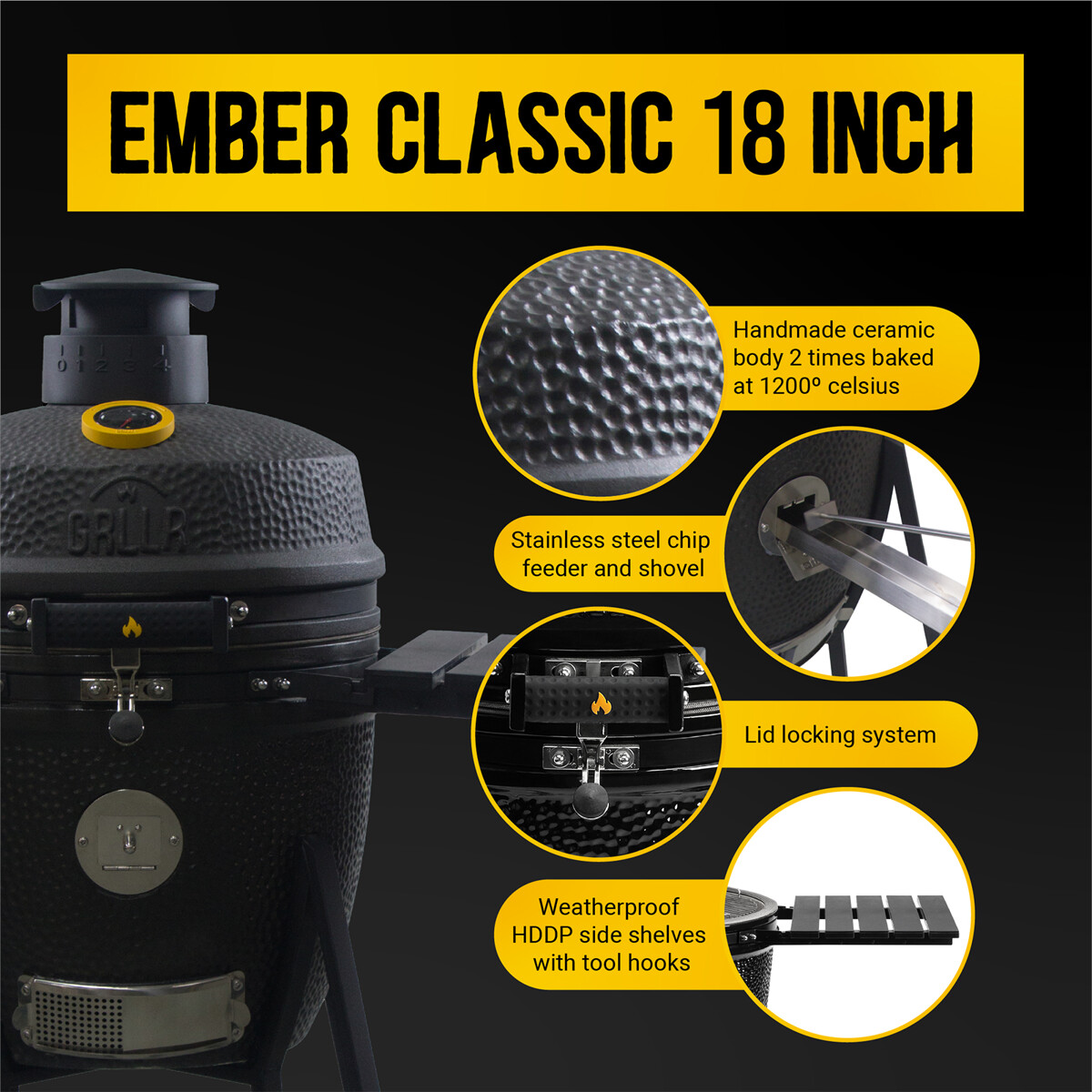 BARBECUE A CARBONE GRLLR EMBER KAMADO CLASSIC M - NERO OPACO DA APPOGGIO  | Il Mondo del Barbecue