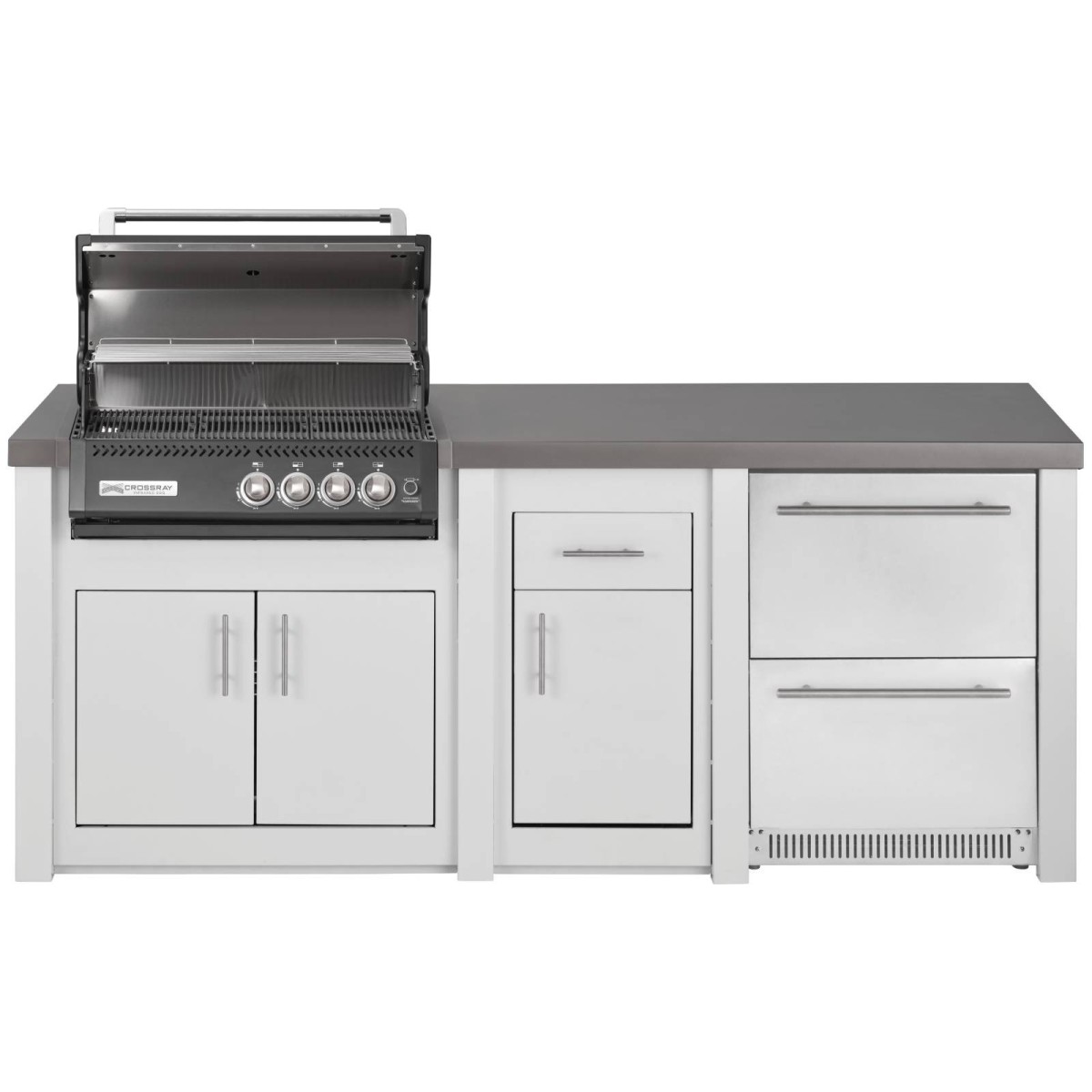 CUCINA DA ESTERNO GRANDPRO ALUKITCHEN BIANCA CON BBQ CROSSRAY BLACK E FRIGORIFERO