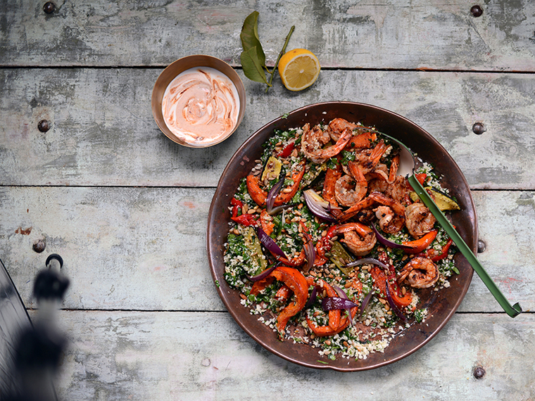 Gamberi alla marocchina con cuscus e salsa arcobaleno